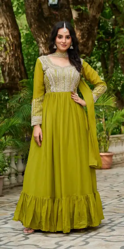 KA 1151 Green Faux Georgette Gown Perfect for Wedding, Party, Makar Sankranti, Karwa Chauth, Ethnic Day – . Now at just ₹2399. Delivery 4-6 Working D | Gowns, Bollywood Gowns, Creative Gowns, Designer Gowns, Embroidered Gowns, Party Wear Gowns