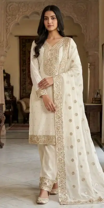 JF 040 Off White Fendy Silk Salwar Suitwith Embroidery Work & Lace Work. Now at just ₹2049. Delivery 4-6 Working Days. Shop now. | Jump Suits, Salwar suit, Designer Suits, Casual Suits, Creative suits, Palazzo Suits, Party Wear Suits, Patiala Suits, Straight Suits