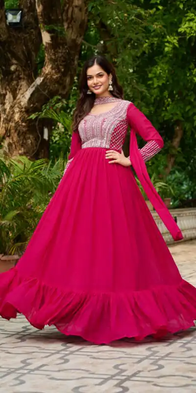 KA 1151 Pink Faux Georgette Gown Perfect for Wedding, Party, Makar Sankranti, Karwa Chauth, Ethnic Day – . Now at just ₹2399. Delivery 4-6 Working D | Gowns, Bollywood Gowns, Creative Gowns, Designer Gowns, Embroidered Gowns, Party Wear Gowns