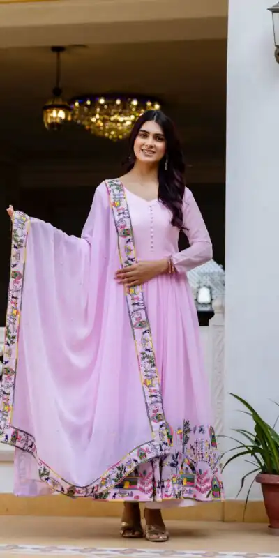 RR 41 Pink Faux Georgette Gown Perfect for Wedding, Party, Makar Sankranti, Karwa Chauth, Ethnic Day – . Now at just ₹2599. Delivery 4-6 Working D | Gowns, Bollywood Gowns, Creative Gowns, Designer Gowns, Embroidered Gowns, Party Wear Gowns