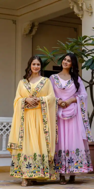 RR 41 Yellow Faux Georgette Gown Perfect for Wedding, Party, Makar Sankranti, Karwa Chauth, Ethnic Day – . Now at just ₹2599. Delivery 4-6 Working D | Gowns, Bollywood Gowns, Creative Gowns, Designer Gowns, Embroidered Gowns, Party Wear Gowns