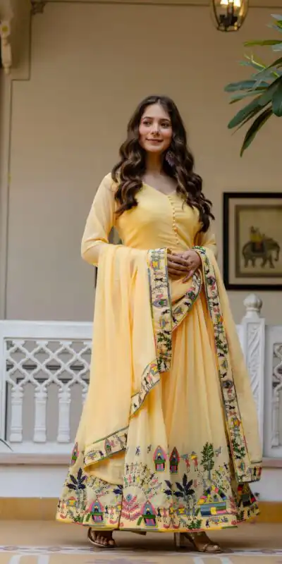 RR 41 Yellow Faux Georgette Gown Perfect for Wedding, Party, Makar Sankranti, Karwa Chauth, Ethnic Day – . Now at just ₹2599. Delivery 4-6 Working D | Gowns, Bollywood Gowns, Creative Gowns, Designer Gowns, Embroidered Gowns, Party Wear Gowns