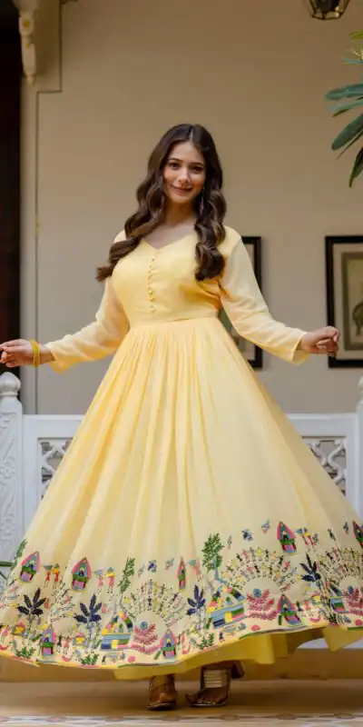 RR 41 Yellow Faux Georgette Gown Perfect for Wedding, Party, Makar Sankranti, Karwa Chauth, Ethnic Day – . Now at just ₹2599. Delivery 4-6 Working D | Gowns, Bollywood Gowns, Creative Gowns, Designer Gowns, Embroidered Gowns, Party Wear Gowns