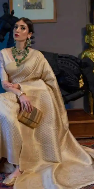 KPR 073 Off White Soft Lichi Silk Saree Perfect for Wedding, Party, Reception, Diwali, Ethnic Day – . Affordable Price ₹1299. Delivery 4-6 Working Days. | Sarees, Bollywood Sarees, Creative Sarees, Designer Sarees, Embroidered Sarees, Ethnic Saree, Modern Digital sarees, Party Wear Sarees