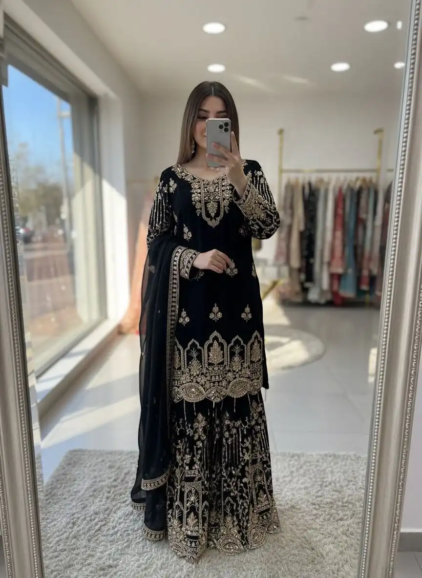 WW 1250 Black Faux Georgette With 5 mm Sequence Work Salwar Suit Wedding, Party, Festive, Events Etc. Expected Delivery 4-6 Working Days @2399/- | Jump Suits, Salwar suit, Designer Suits, Casual Suits, Creative suits, Palazzo Suits, Party Wear Suits, Patiala Suits, Straight Suits