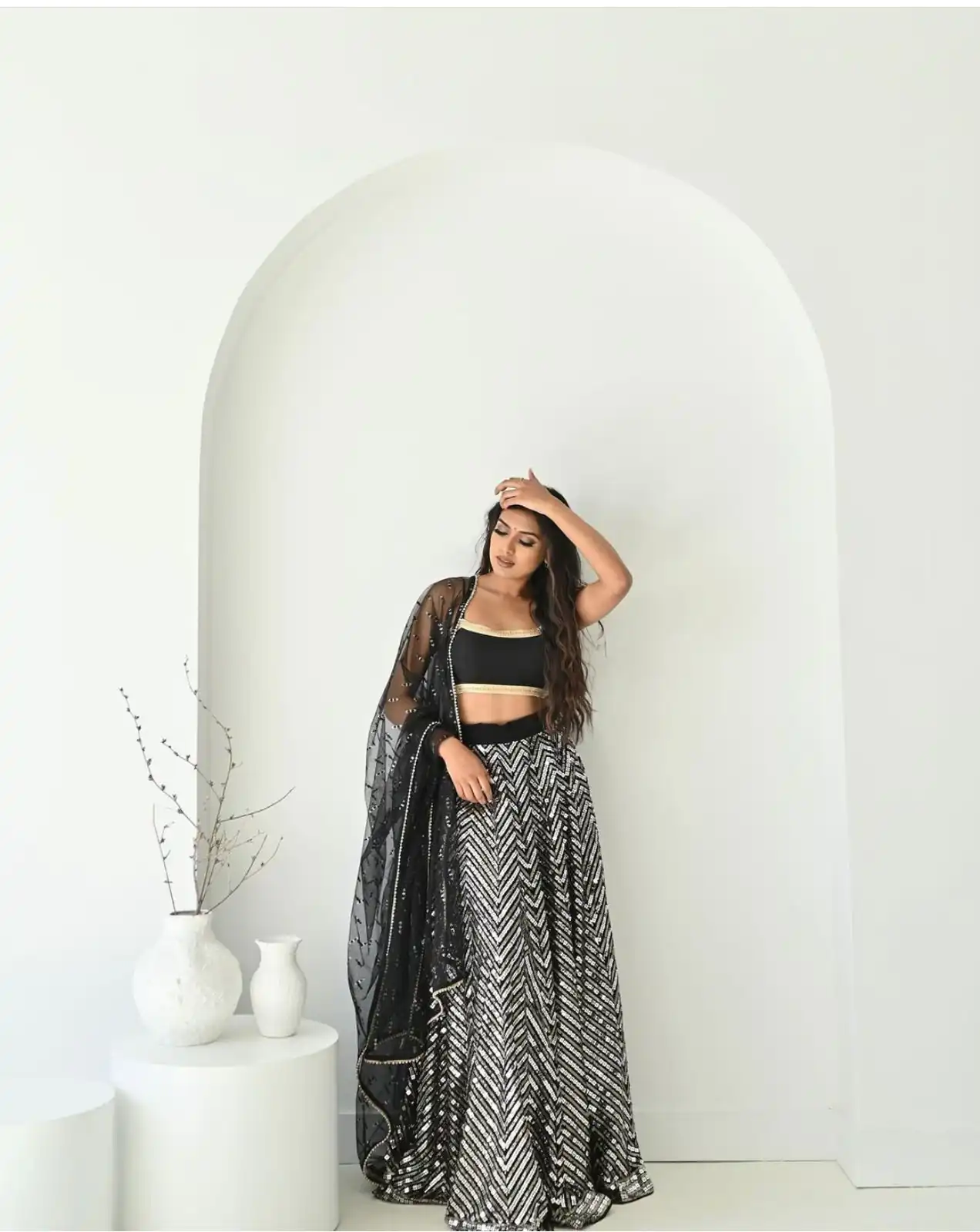 Black Faux Georgette Sequence Work Lehenga Choli