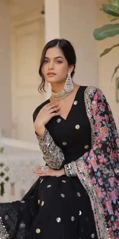 KA 1078 Black Faux Georgette Gown Perfect for Wedding, Party, Makar Sankranti, Karwa Chauth, Ethnic Day – . Now at just ₹3349. Delivery 4-6 Working D | Gowns, Bollywood Gowns, Creative Gowns, Designer Gowns, Embroidered Gowns, Party Wear Gowns