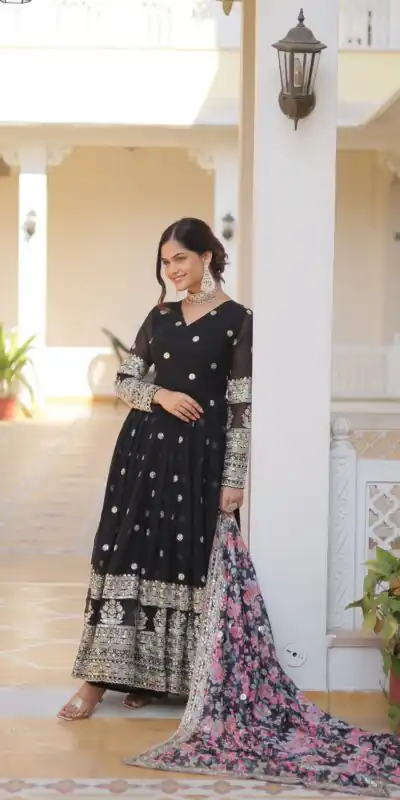KA 1078 Black Faux Georgette Gown Perfect for Wedding, Party, Makar Sankranti, Karwa Chauth, Ethnic Day – . Now at just ₹3349. Delivery 4-6 Working D | Gowns, Bollywood Gowns, Creative Gowns, Designer Gowns, Embroidered Gowns, Party Wear Gowns