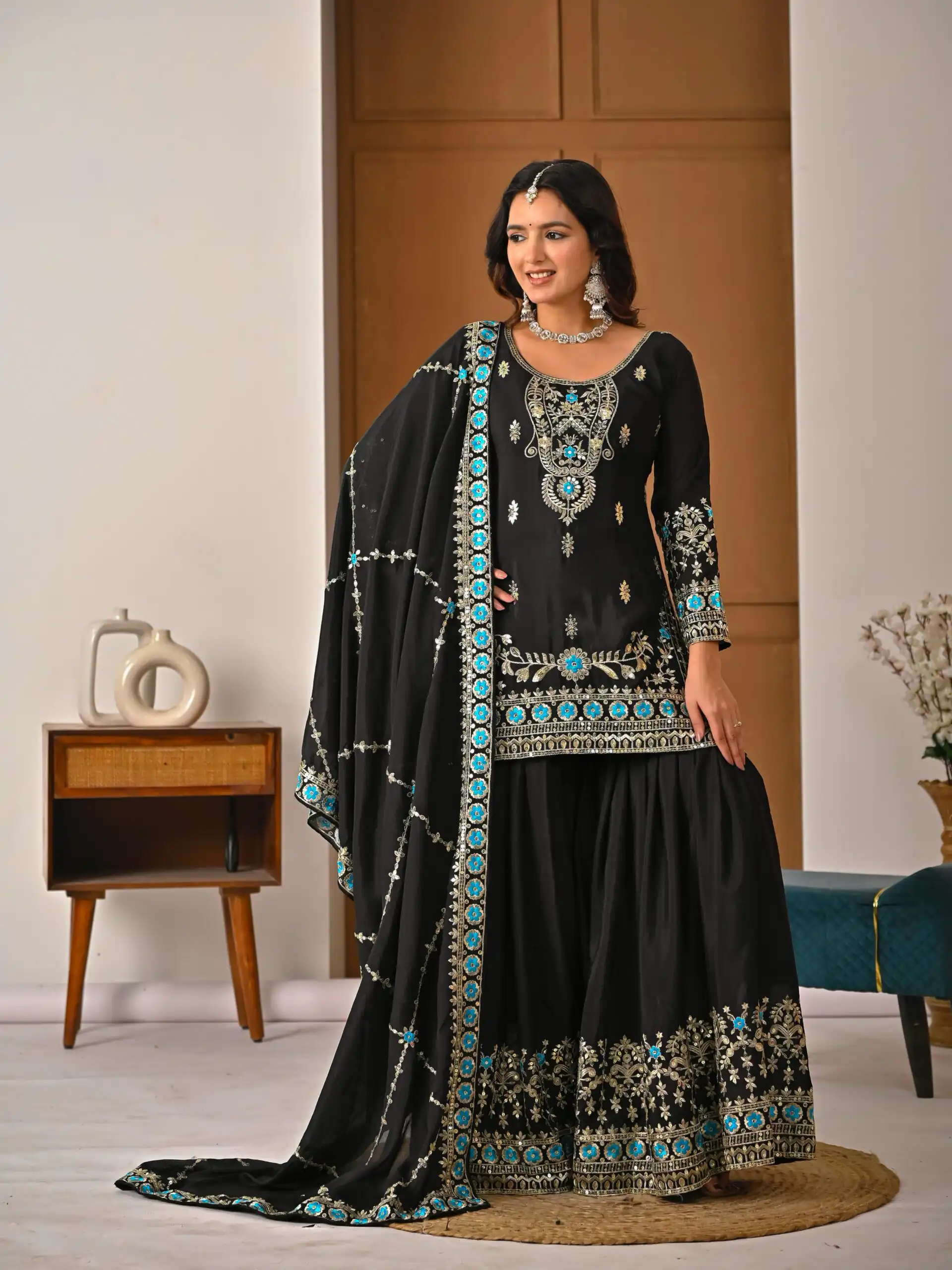 Black NC Vichitra Silk Embroidery Work Salwar Suit - Image 4