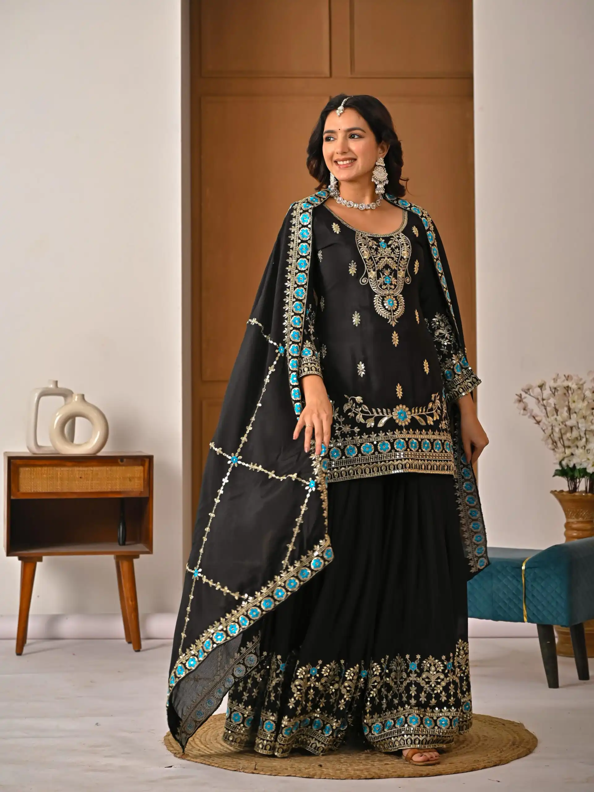 Black NC Vichitra Silk Embroidery Work Salwar Suit - Image 5