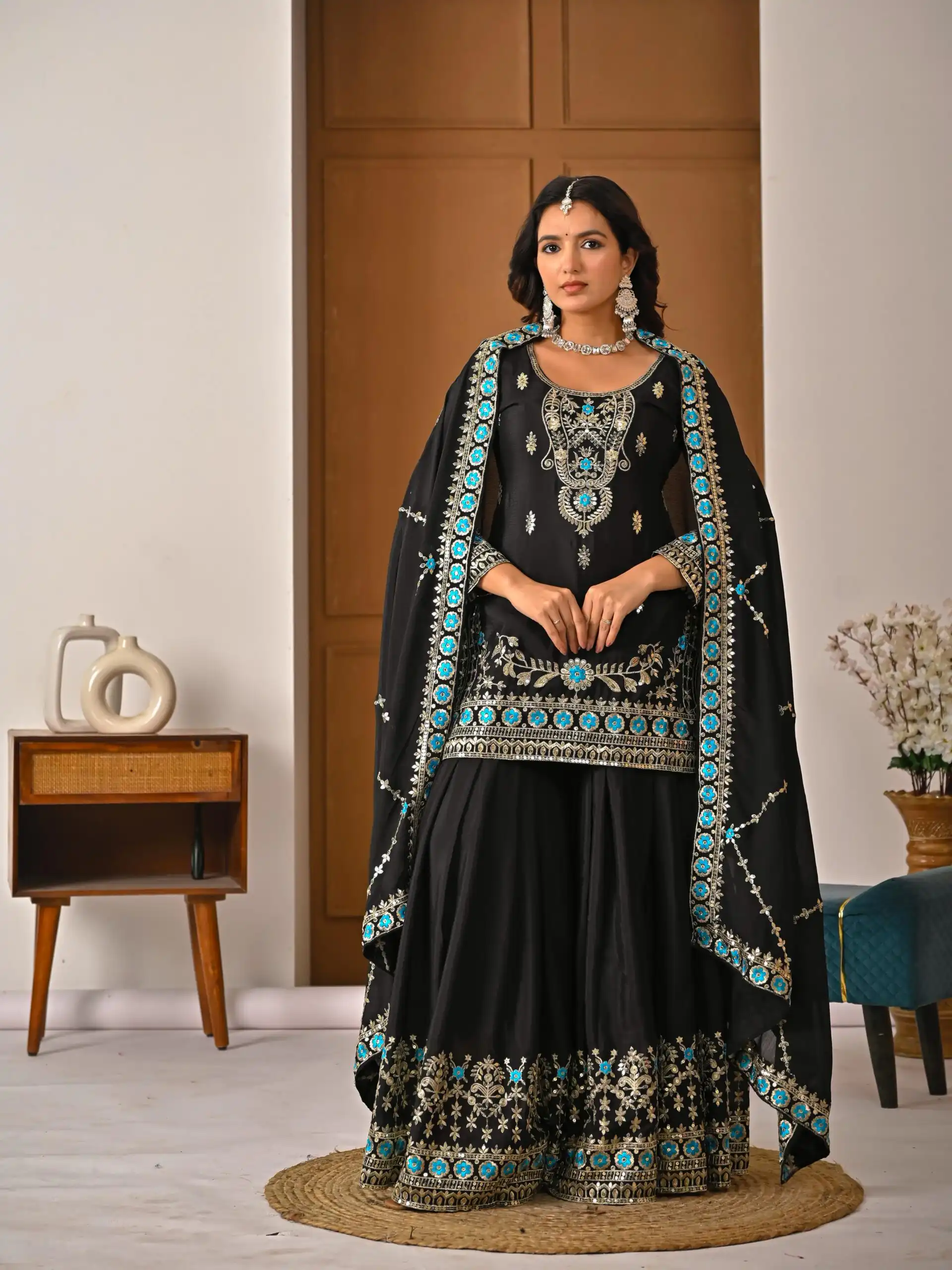 Black NC Vichitra Silk Embroidery Work Salwar Suit - Image 6