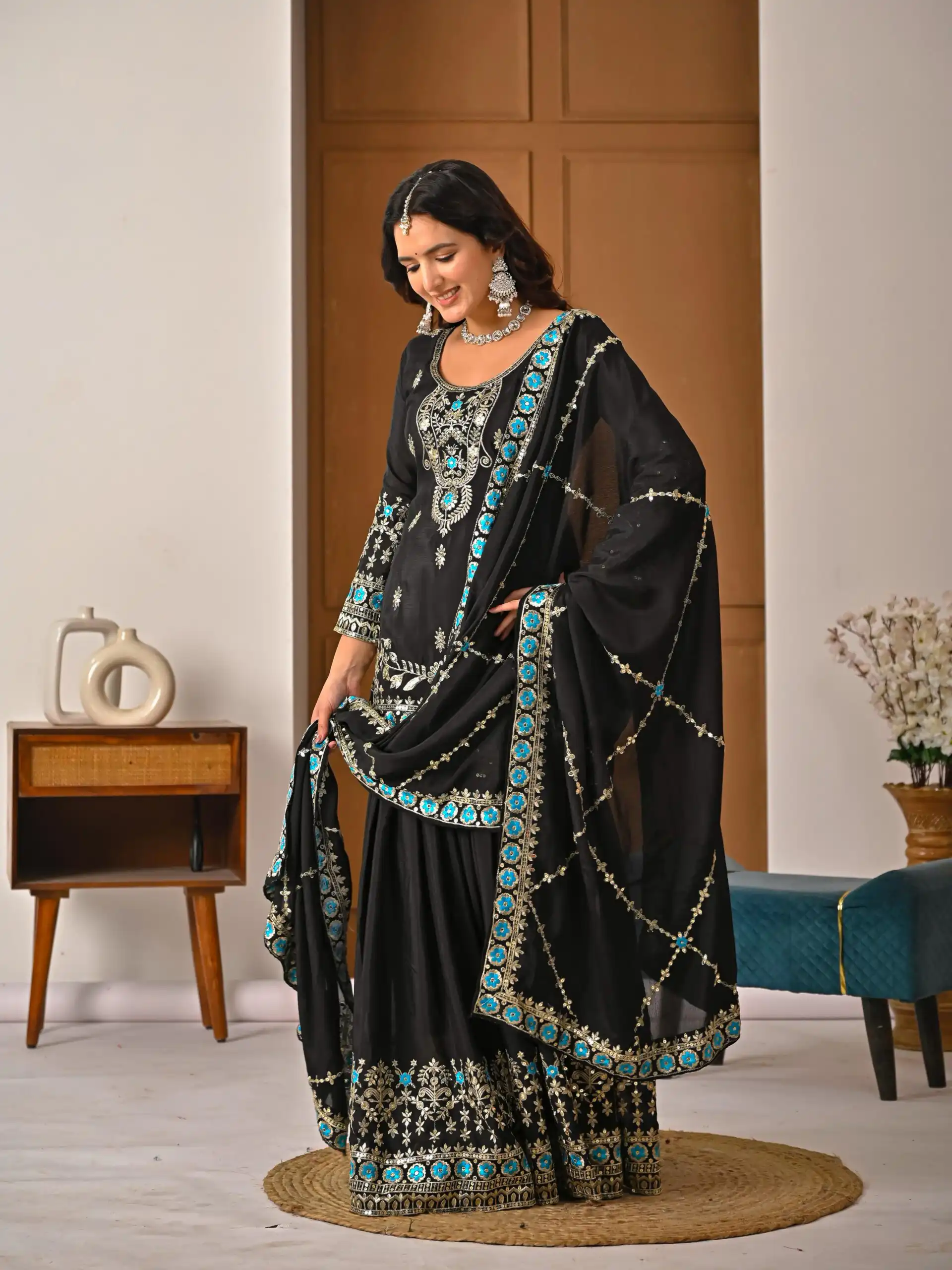 Black NC Vichitra Silk Embroidery Work Salwar Suit - Image 7