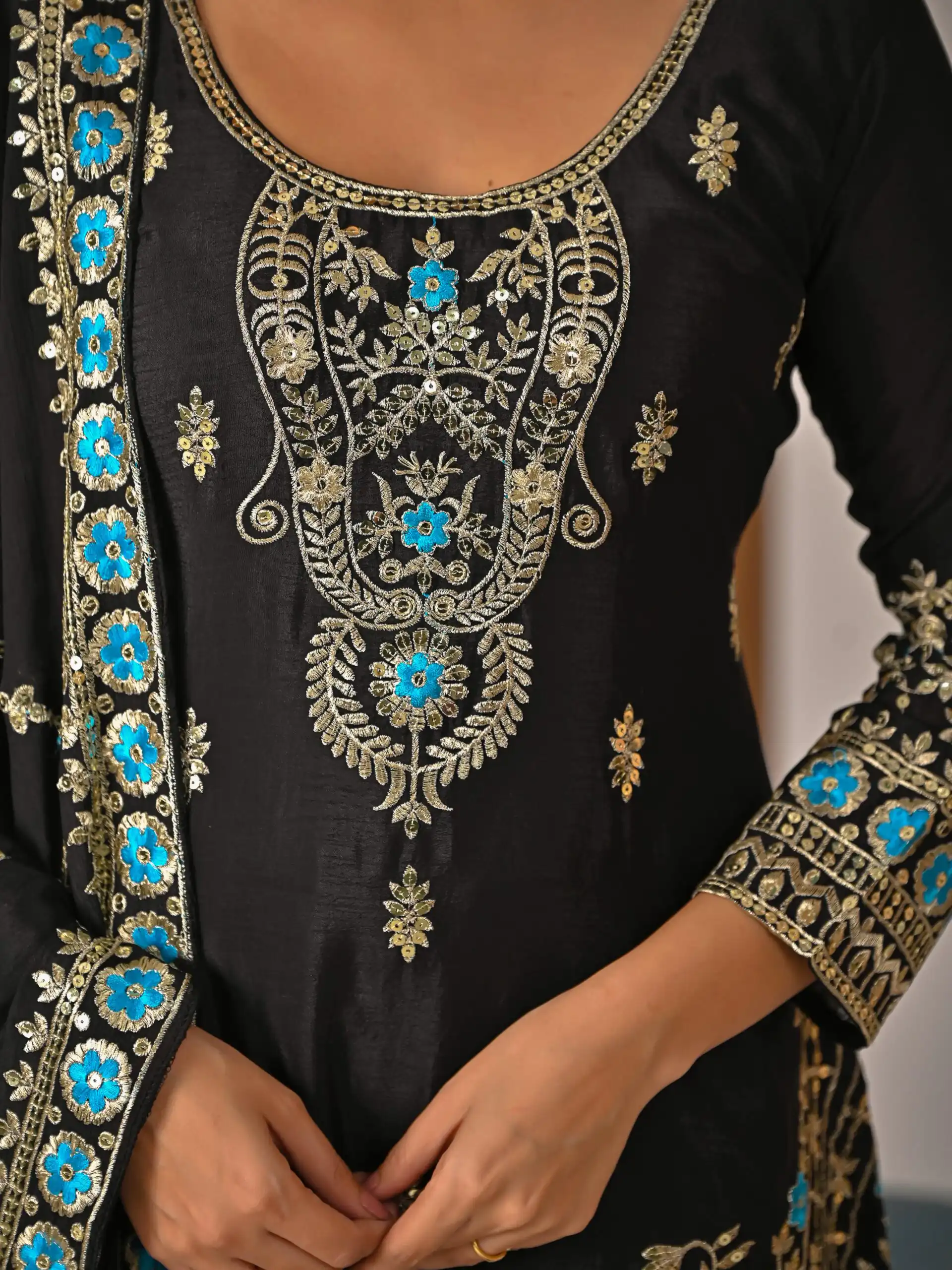 Black NC Vichitra Silk Embroidery Work Salwar Suit - Image 9
