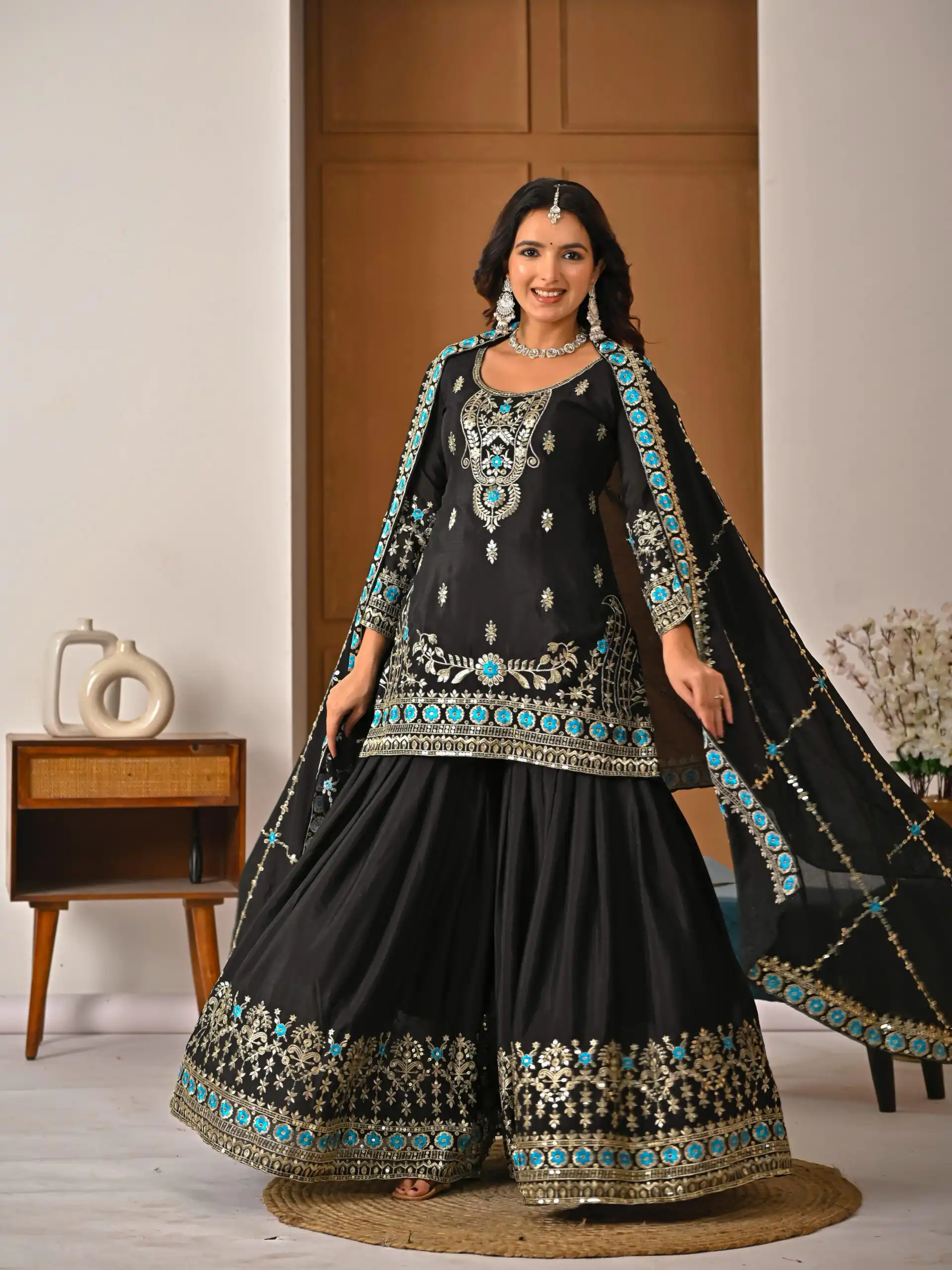 Black NC Vichitra Silk Embroidery Work Salwar Suit