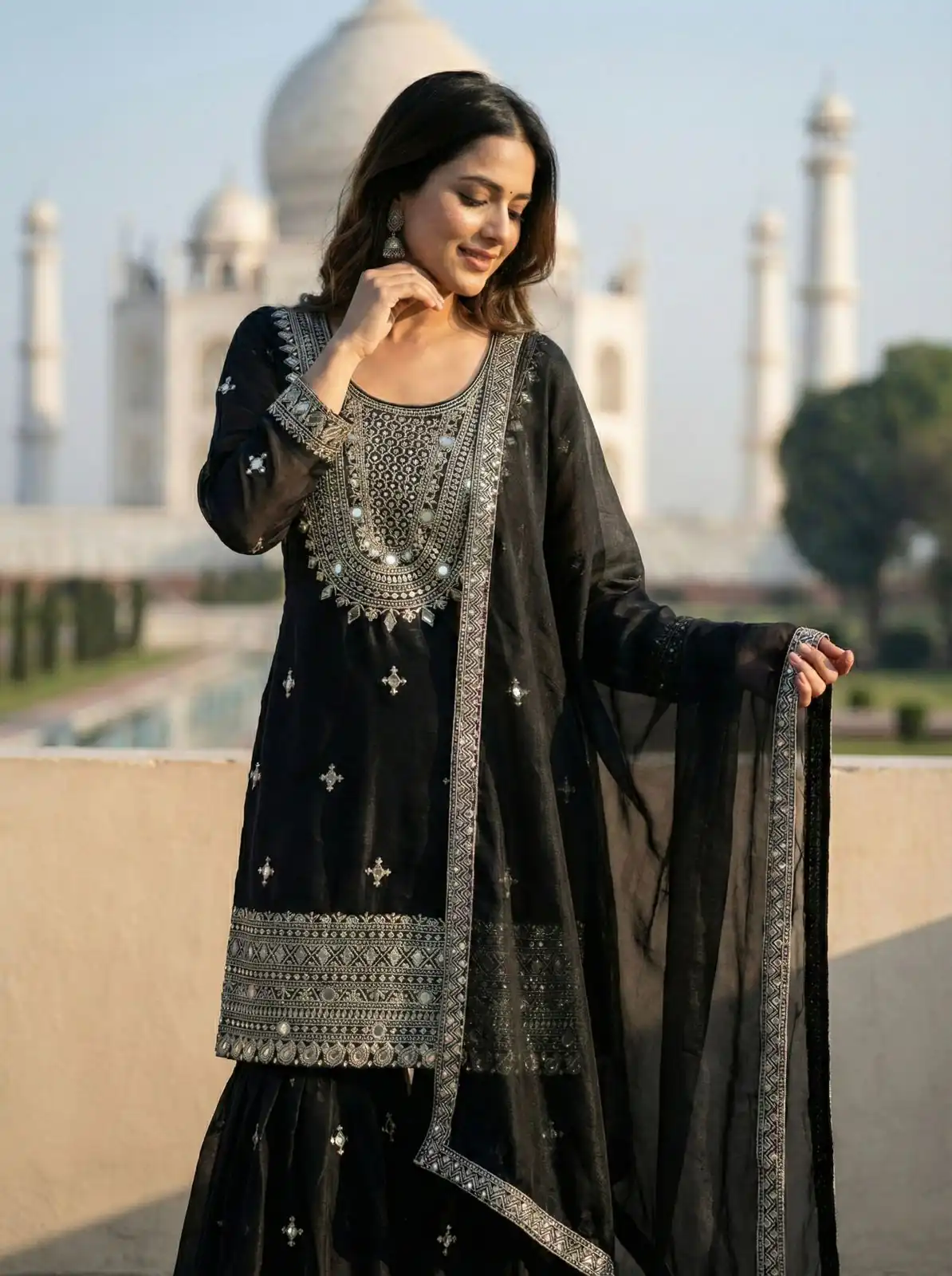 Black Zimmy Silk Embroidery Work Work Sawar Suit - Image 3