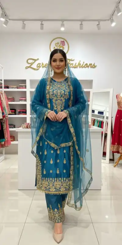 Blue Chinon With Embroidery Work Salwar Suit