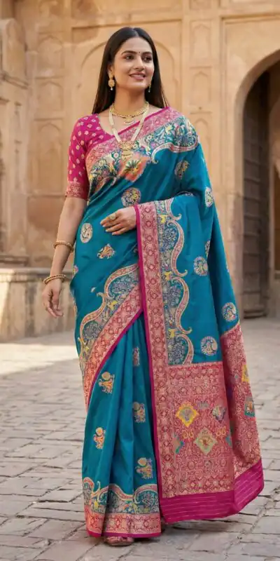 Blue Pashmina Silk Woven Lace Border Saree