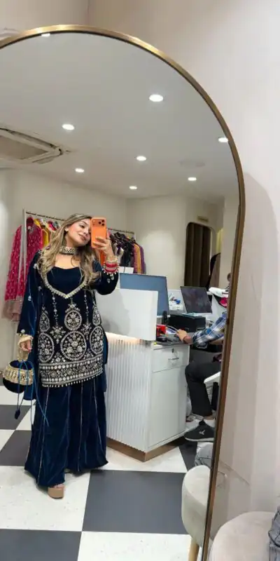 Blue Velvet Embroidery Mirror Work Salwar Suit