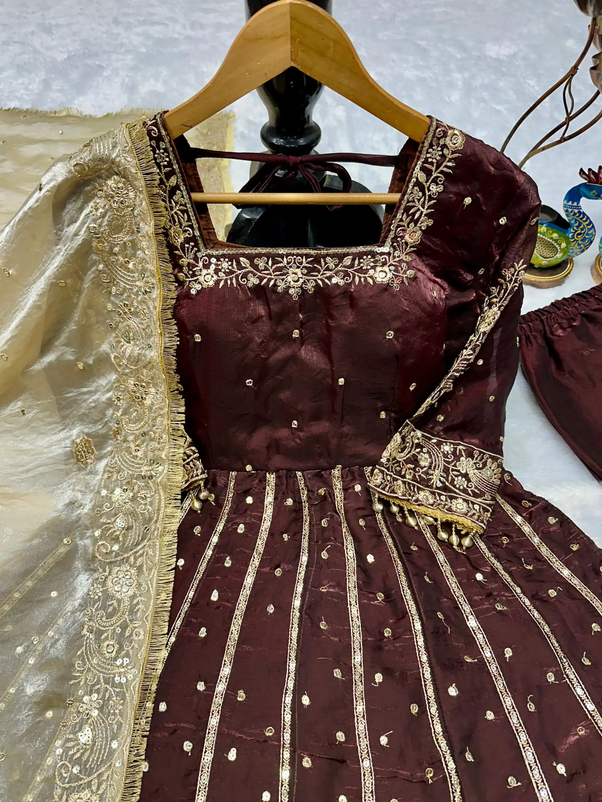 VLM 313 Brown JC Silk Gown. Perfect for Wedding, Party, Sangeet, Baisakhi, Diwali – Introductory Price ₹2599. Delivery 4-6 Working Days. Shop now. | Gowns, Bollywood Gowns, Creative Gowns, Designer Gowns, Embroidered Gowns, Party Wear Gowns