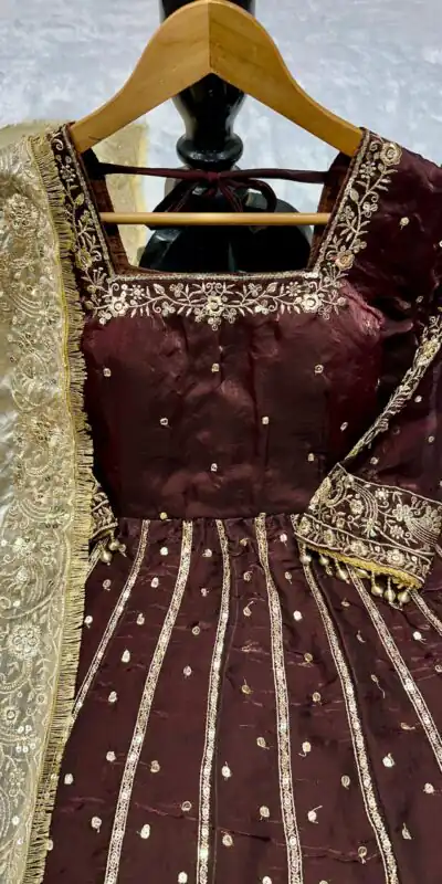 Brown JC Silk Embroidery Lace Work Gown