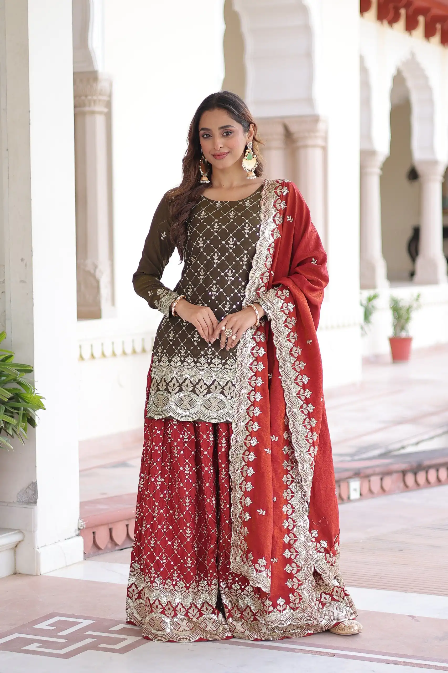 KA 1226 Brown Vichitra Silk Salwar Suit with Zari Work & Embroidery Work. Introductory Price ₹2649. Delivery 4-6 Working Days. Shop now. | Jump Suits, Salwar suit, Designer Suits, Casual Suits, Creative suits, Palazzo Suits, Party Wear Suits, Patiala Suits, Straight Suits
