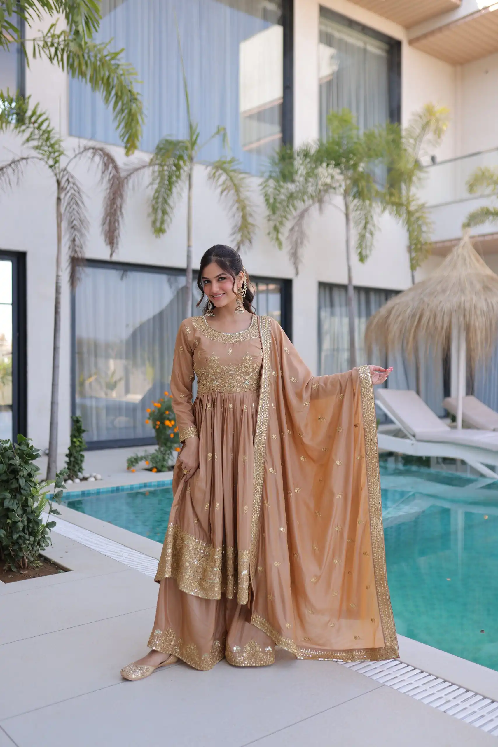 KA 1233 Chiku Super Silk Salwar SuitPerfect for Wedding, Party, Sangeet, Family Gatherings, Reception – . Festive Deal ₹2649. Delivery 4-6 Working Da | Jump Suits, Salwar suit, Designer Suits, Casual Suits, Creative suits, Palazzo Suits, Party Wear Suits, Patiala Suits, Straight Suits