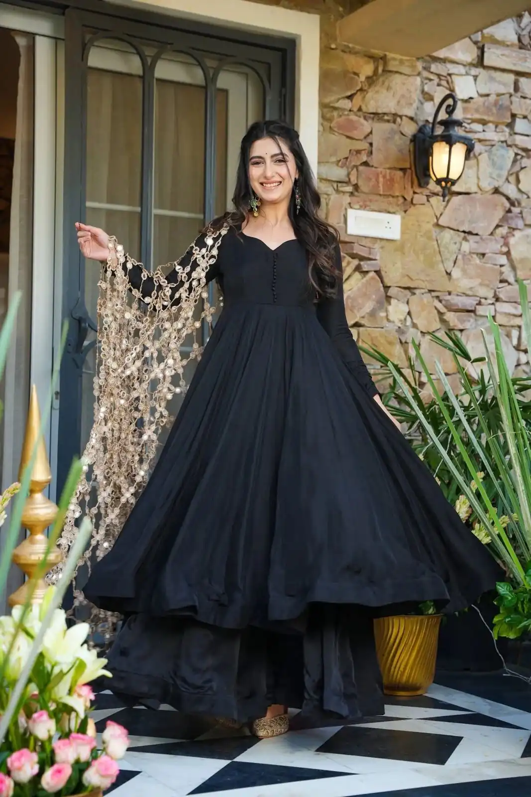 JF 036 Black Color Classic Roman Silk Gown with Embroidery Work. Available at ₹2599 only. Delivery 4-6 Working Days. Shop now. | Gowns, Bollywood Gowns, Creative Gowns, Designer Gowns, Embroidered Gowns, Party Wear Gowns