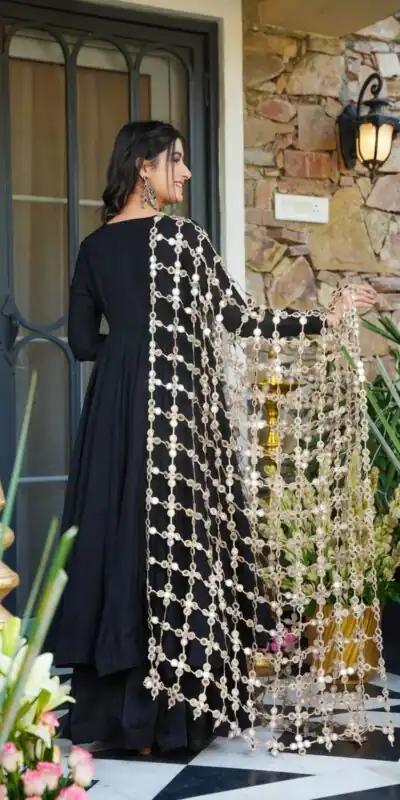 JF 036 Black Color Classic Roman Silk Gown with Embroidery Work. Available at ₹2599 only. Delivery 4-6 Working Days. Shop now. | Gowns, Bollywood Gowns, Creative Gowns, Designer Gowns, Embroidered Gowns, Party Wear Gowns