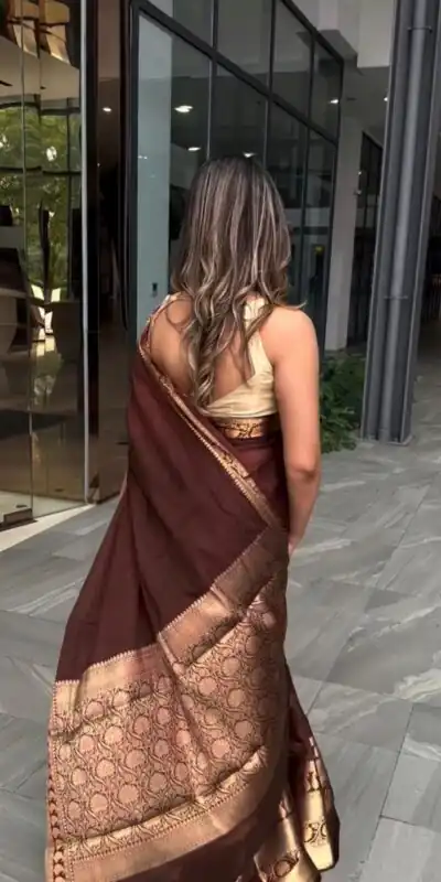 KP 6051 Brown Soft Lichi Silk Saree Perfect for Wedding, Party, Reception, Diwali, Ethnic Day – . Affordable Price ₹1349. Delivery 4-6 Working Days. | Sarees, Bollywood Sarees, Creative Sarees, Designer Sarees, Embroidered Sarees, Ethnic Saree, Modern Digital sarees, Party Wear Sarees