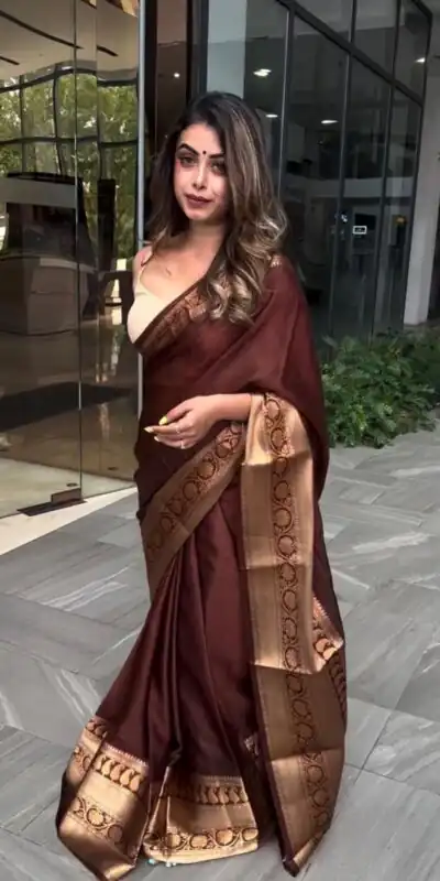 KP 6051 Brown Soft Lichi Silk Saree Perfect for Wedding, Party, Reception, Diwali, Ethnic Day – . Affordable Price ₹1349. Delivery 4-6 Working Days. | Sarees, Bollywood Sarees, Creative Sarees, Designer Sarees, Embroidered Sarees, Ethnic Saree, Modern Digital sarees, Party Wear Sarees