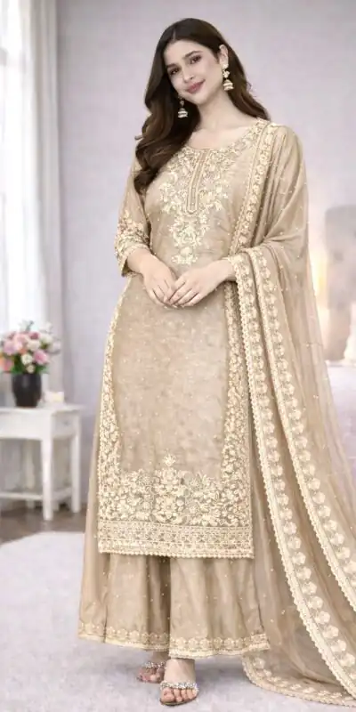 SSR 535 Chiku Color in Organza Silk Embroidery Work Salwar Suit . Available at ₹2399 only. Delivery 4-6 Working Days. Shop now. | Jump Suits, Salwar suit, Designer Suits, Casual Suits, Creative suits, Palazzo Suits, Party Wear Suits, Patiala Suits, Straight Suits