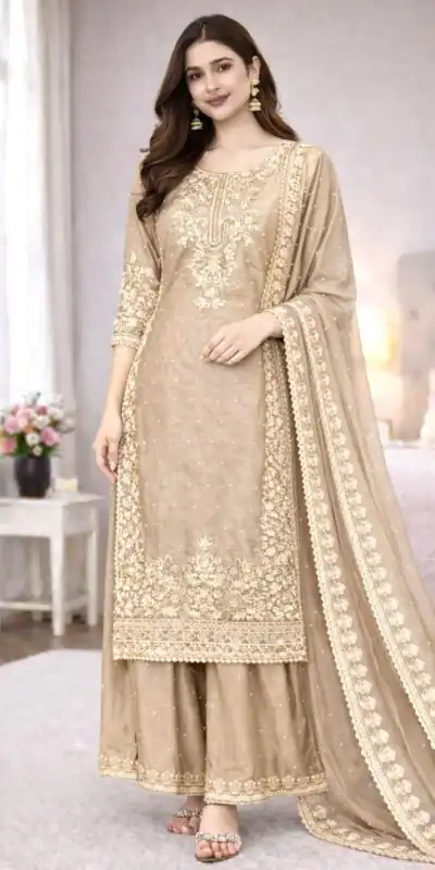 SSR 535 Chiku Color in Organza Silk Embroidery Work Salwar Suit . Available at âš2399 only. Delivery 4-6 Working Days. Shop now. | Jump Suits, Salwar suit, Designer Suits, Casual Suits, Creative suits, Palazzo Suits, Party Wear Suits, Patiala Suits, Straight Suits