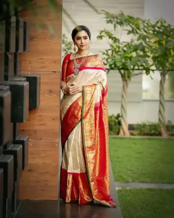 KPR 273 Off White Soft Lichi Silk Saree Perfect for Wedding, Party, Reception, Diwali, Ethnic Day – . Affordable Price ₹1449. Delivery 4-6 Working Days. | Sarees, Bollywood Sarees, Creative Sarees, Designer Sarees, Embroidered Sarees, Ethnic Saree, Modern Digital sarees, Party Wear Sarees