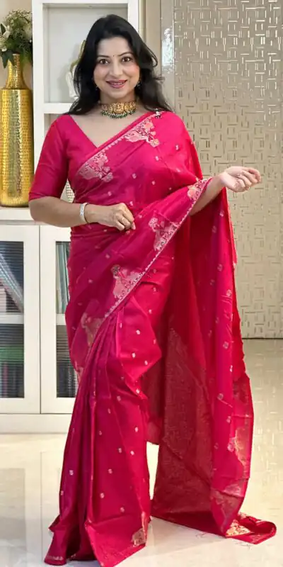 KP 6085 Red Pink Lichi Silk Saree with Lace Border & Lace Work. Special Price ₹1449. Delivery 4-6 Working Days. Shop now. | Sarees, Bollywood Sarees, Creative Sarees, Designer Sarees, Embroidered Sarees, Ethnic Saree, Modern Digital sarees, Party Wear Sarees