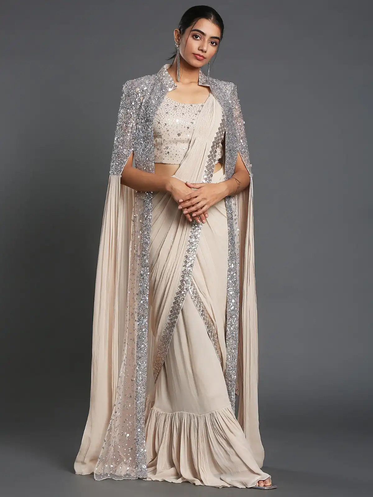 KT 310 Cream Color Georgette Sequence Beautiful Frill Saree Casual, Party Wear, Wedding   Expected Delivery 4-6 Working Days@2174/- | Sarees, Bollywood Sarees, Creative Sarees, Designer Sarees, Embroidered Sarees, Ethnic Saree, Modern Digital sarees, Party Wear Sarees