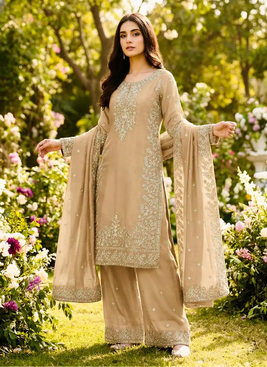 SRK 5316 Cream Organza Silk Salwar Suit Perfect for Wedding, Party, Makar Sankranti, Eid, Durga Puja – . Affordable Price ₹2149. Delivery 4-6 Workin | Jump Suits, Straight Suits, Salwar suit, Designer Suits, Casual Suits, Creative suits, Palazzo Suits, Party Wear Suits, Patiala Suits
