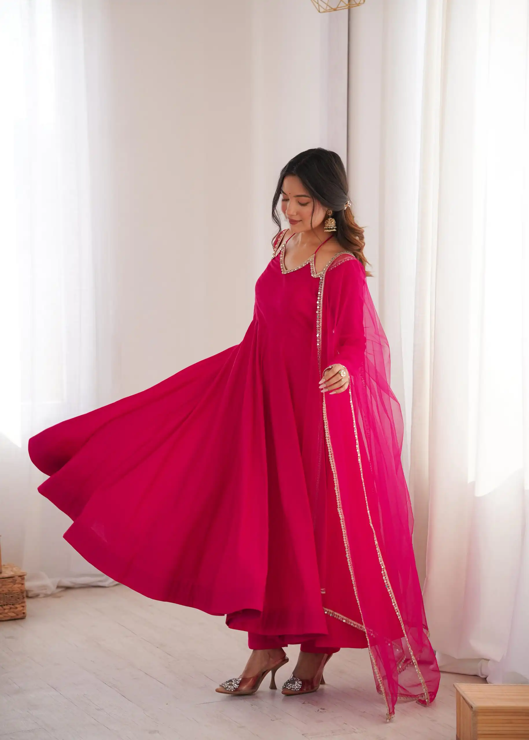 KB 293 Dark Pink Soft Nylon Net Anarkali Suit with Mirror Work & Lace Work. Get it for ₹1999. Delivery 4-6 Working Days. Shop now. | Anarkali Suits, Bollywood Anarkali, Creative-Anarkali, Designer Anarkali, Embroidered Anarkali, Party Wear Anarkali
