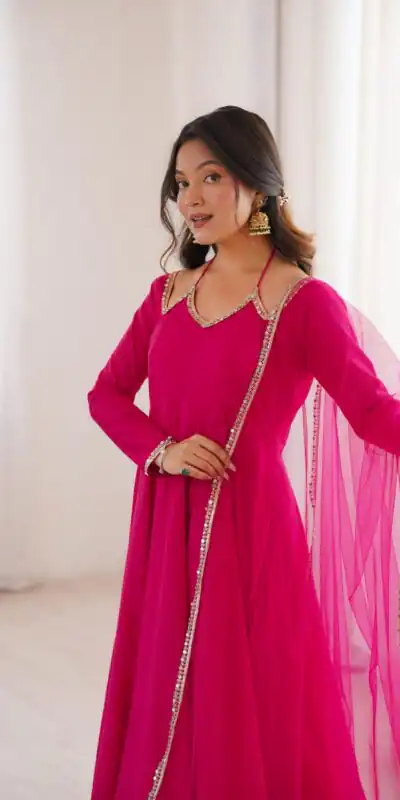 KB 293 Dark Pink Soft Nylon Net Anarkali Suit with Mirror Work & Lace Work. Get it for ₹1999. Delivery 4-6 Working Days. Shop now. | Anarkali Suits, Bollywood Anarkali, Creative-Anarkali, Designer Anarkali, Embroidered Anarkali, Party Wear Anarkali