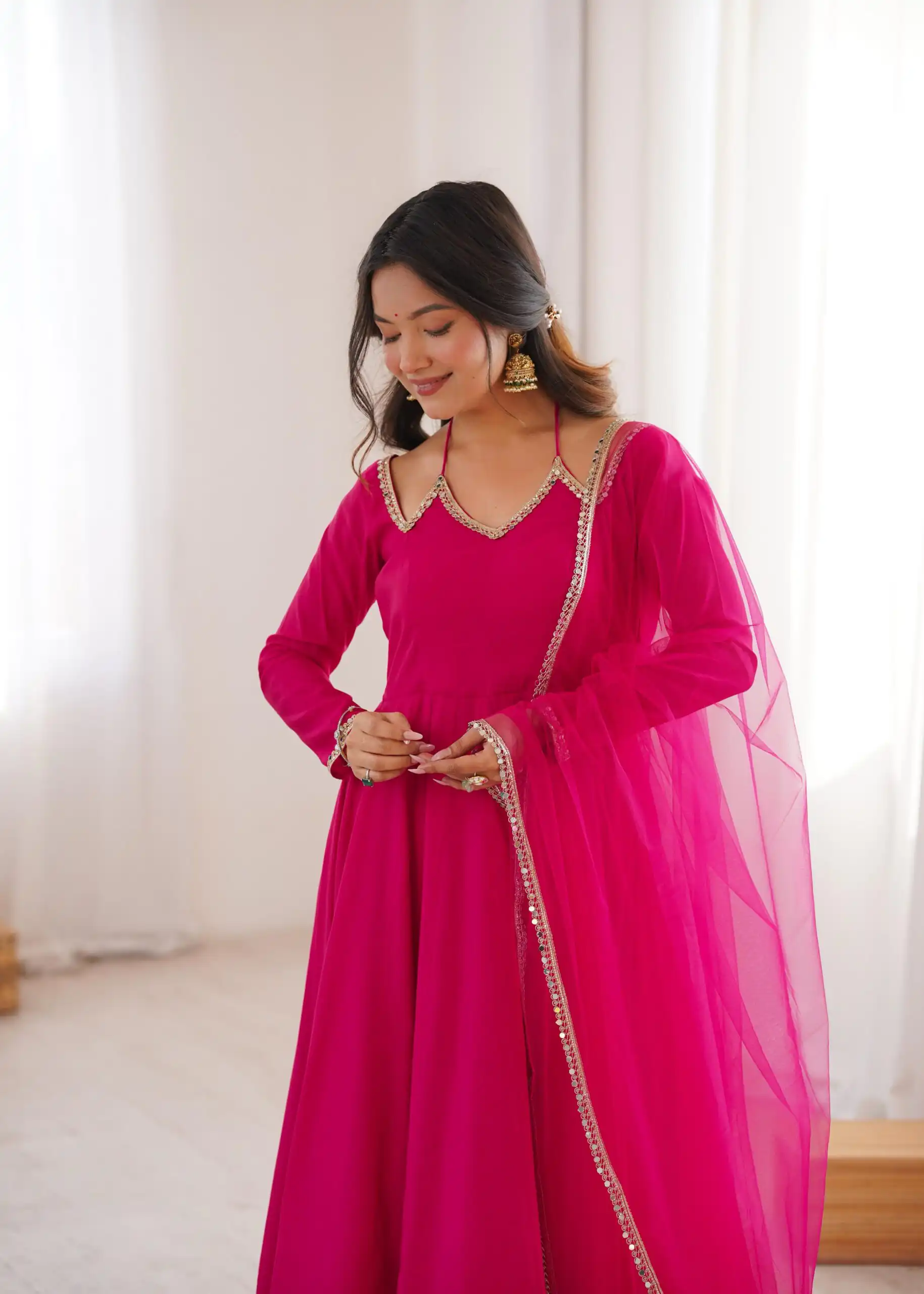 KB 293 Dark Pink Soft Nylon Net Anarkali Suit with Mirror Work & Lace Work. Get it for ₹1999. Delivery 4-6 Working Days. Shop now. | Anarkali Suits, Bollywood Anarkali, Creative-Anarkali, Designer Anarkali, Embroidered Anarkali, Party Wear Anarkali