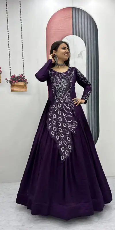 PC 564 Dark Purple Vichitra Silk Gown Perfect for Wedding, Party, Holi, Anniversary, Mehendi –. Grab it for ₹2049. Delivery 4-6 Working Days. Shop now. | Gowns, Bollywood Gowns, Creative Gowns, Designer Gowns, Embroidered Gowns, Party Wear Gowns
