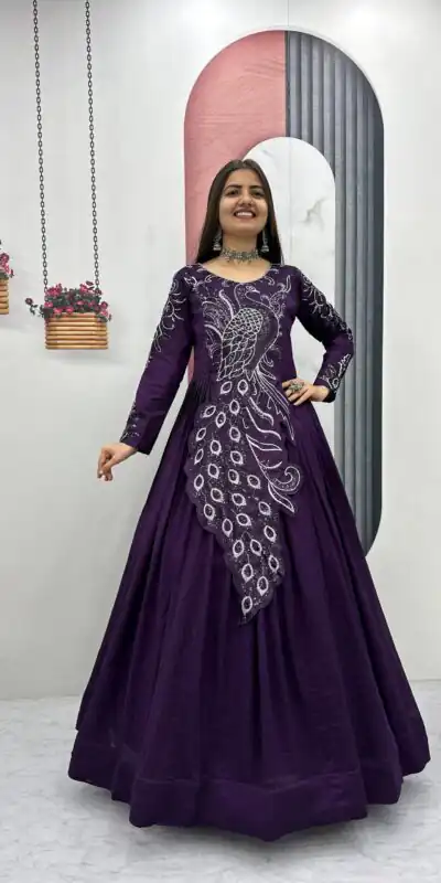 PC 564 Dark Purple Vichitra Silk Gown Perfect for Wedding, Party, Holi, Anniversary, Mehendi –. Grab it for ₹2049. Delivery 4-6 Working Days. Shop now. | Gowns, Bollywood Gowns, Creative Gowns, Designer Gowns, Embroidered Gowns, Party Wear Gowns
