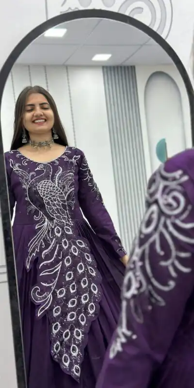 PC 564 Dark Purple Vichitra Silk Gown Perfect for Wedding, Party, Holi, Anniversary, Mehendi –. Grab it for ₹2049. Delivery 4-6 Working Days. Shop now. | Gowns, Bollywood Gowns, Creative Gowns, Designer Gowns, Embroidered Gowns, Party Wear Gowns