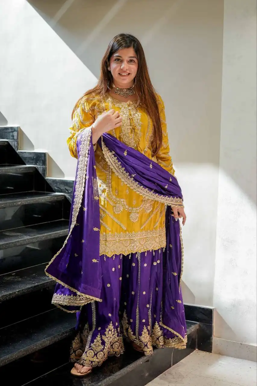 ZS 7001 Yellow Chinon Silk Salwar Suit with Embroidery Work & Lace Work. Affordable Price ₹2499. Delivery 4-6 Working Days. Shop now. | Jump Suits, Salwar suit, Designer Suits, Casual Suits, Creative suits, Palazzo Suits, Party Wear Suits, Patiala Suits, Straight Suits