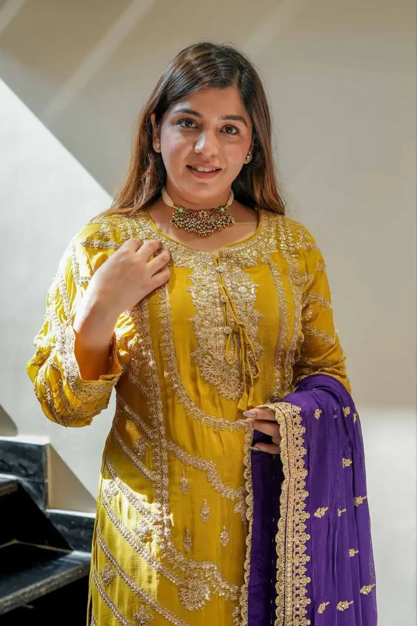 ZS 7001 Yellow Chinon Silk Salwar Suit with Embroidery Work & Lace Work. Affordable Price ₹2499. Delivery 4-6 Working Days. Shop now. | Jump Suits, Salwar suit, Designer Suits, Casual Suits, Creative suits, Palazzo Suits, Party Wear Suits, Patiala Suits, Straight Suits