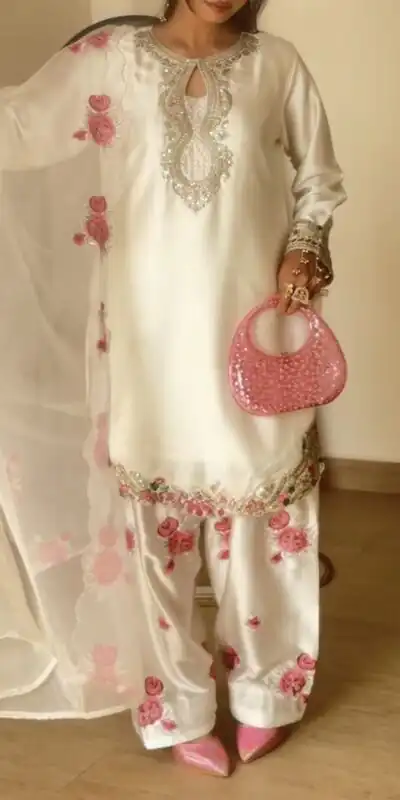 MD 3081 Off White Japan Satin Salwar Suit Perfect for Wedding, Party, Durga Puja, Traditional Day, Temple Visit – . Introductory Price ₹2549. Deli | Jump Suits, Salwar suit, Designer Suits, Casual Suits, Creative suits, Palazzo Suits, Party Wear Suits, Patiala Suits, Straight Suits