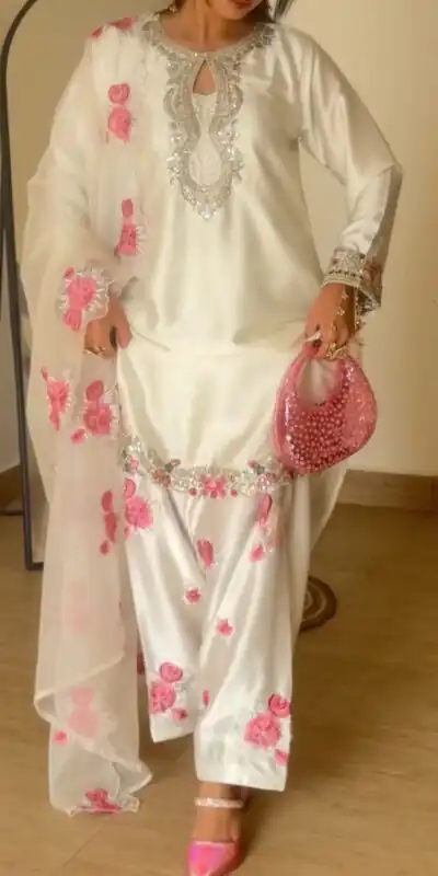 MD 3081 Off White Japan Satin Salwar Suit Perfect for Wedding, Party, Durga Puja, Traditional Day, Temple Visit – . Introductory Price ₹2549. Deli | Jump Suits, Salwar suit, Designer Suits, Casual Suits, Creative suits, Palazzo Suits, Party Wear Suits, Patiala Suits, Straight Suits