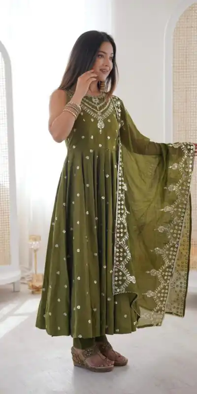 JF 038 Mehendi Roman Silk Gown with Embroidery Work. Wedding, Party, Festive, Events, Navratri, Exclusive Offer ₹2149. Delivery 4-6 Working Days. Shop now. | Gowns, Bollywood Gowns, Creative Gowns, Designer Gowns, Embroidered Gowns, Party Wear Gowns