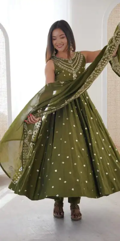 JF 038 Mehendi Roman Silk Gown with Embroidery Work. Wedding, Party, Festive, Events, Navratri, Exclusive Offer ₹2149. Delivery 4-6 Working Days. Shop now. | Gowns, Bollywood Gowns, Creative Gowns, Designer Gowns, Embroidered Gowns, Party Wear Gowns