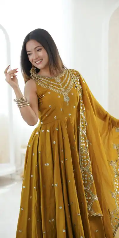 JF 038 Mustered Roman Silk Gown with Embroidery Work. Wedding, Party, Festive, Events, Navratri, Exclusive Offer ₹2149. Delivery 4-6 Working Days. Shop now. | Gowns, Bollywood Gowns, Creative Gowns, Designer Gowns, Embroidered Gowns, Party Wear Gowns