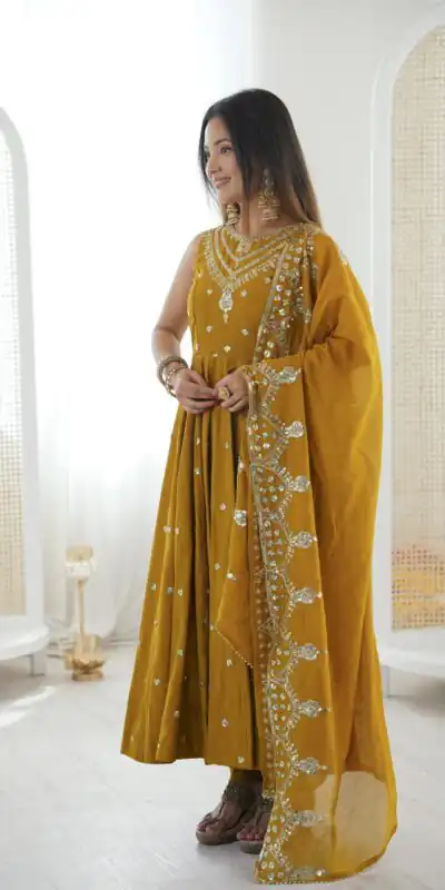 JF 038 Mustered Roman Silk Gown with Embroidery Work. Wedding, Party, Festive, Events, Navratri, Exclusive Offer ₹2149. Delivery 4-6 Working Days. Shop now. | Gowns, Bollywood Gowns, Creative Gowns, Designer Gowns, Embroidered Gowns, Party Wear Gowns